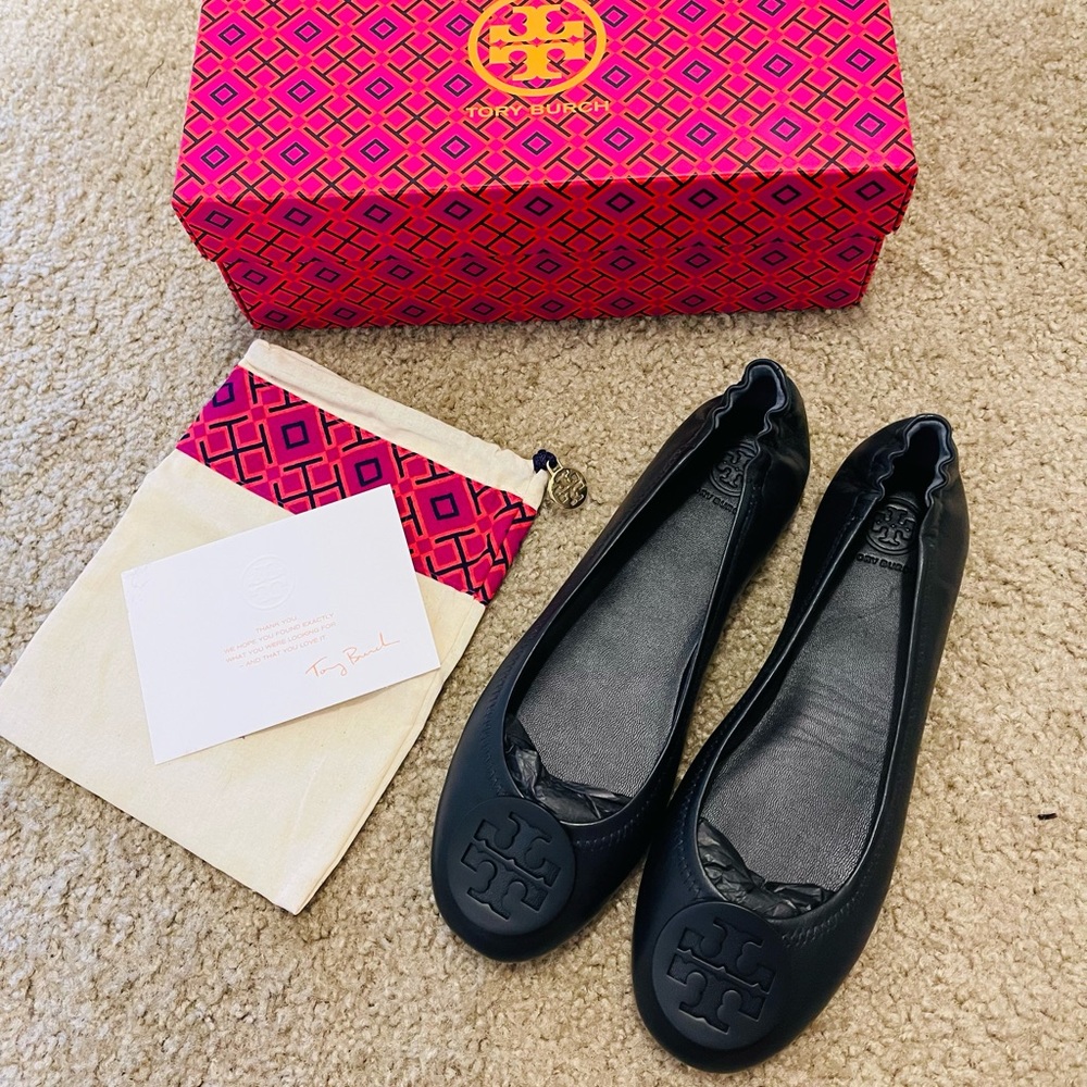 Authentic Tory Burch MINNIE TRAVEL BALLET FLAT, LEATHER Navy Blue 8.5